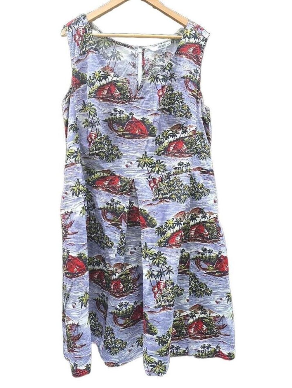 eShakti Cotton Island Print Empire Waist Cutout Neckline Dress Pockets XXL